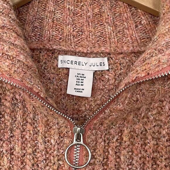 Sincerely Jules Size Medium Pink Wool Blend Cropped Chunky 1/4 Zip Sweater Boho - Picture 4 of 6